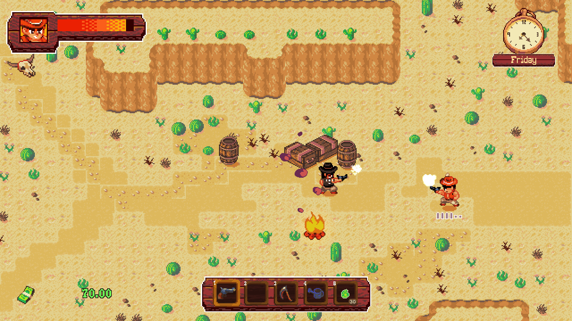Trading pistol shots with an outlaw at a desert camp