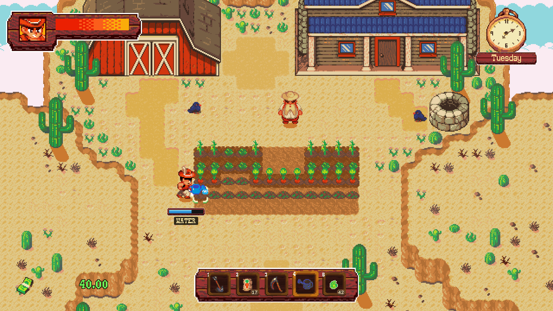 Watering rows of crops while Ol' Jim stands beside the farmhouse