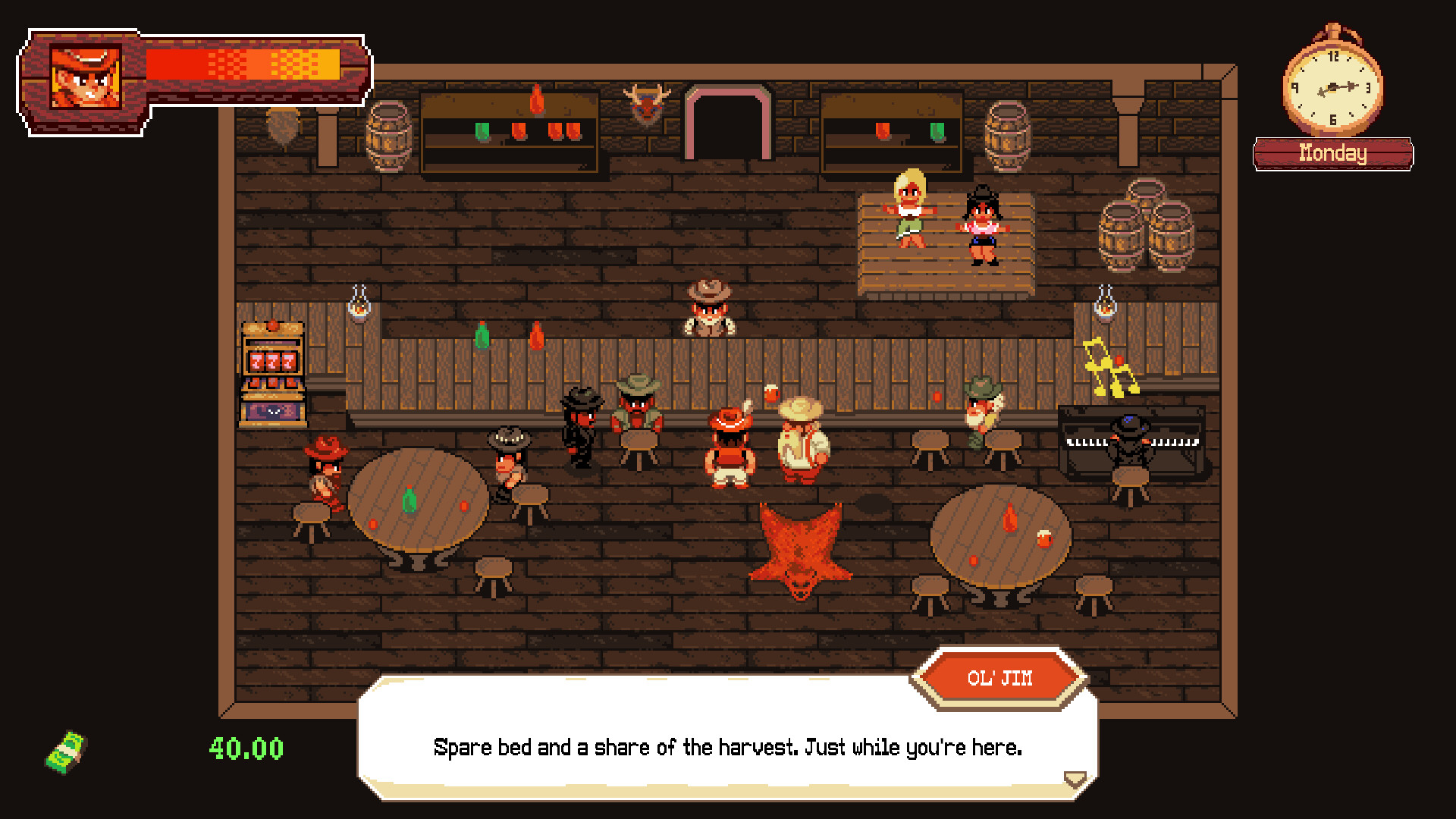 Ol' Jim offering a bed and a share of the harvest inside the saloon