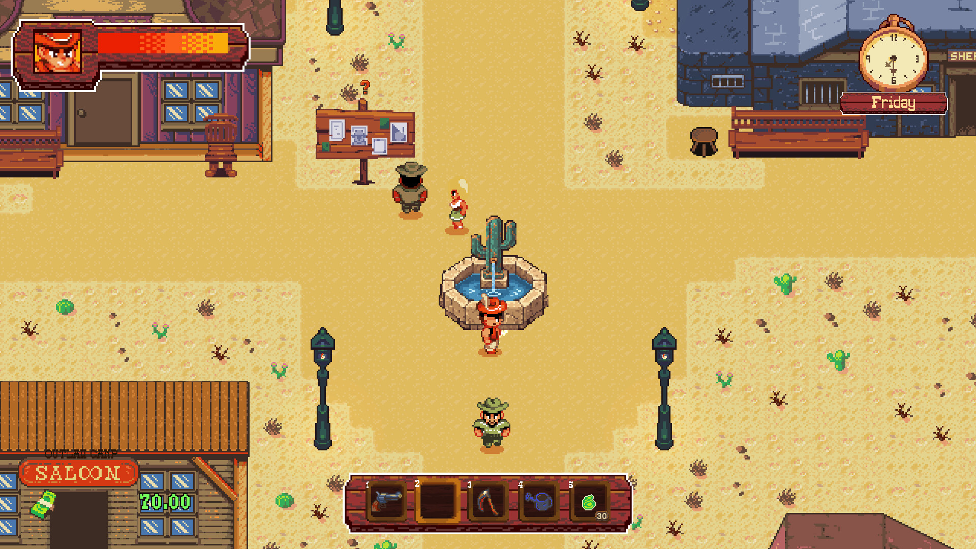 The town square, community request board, and cactus fountain